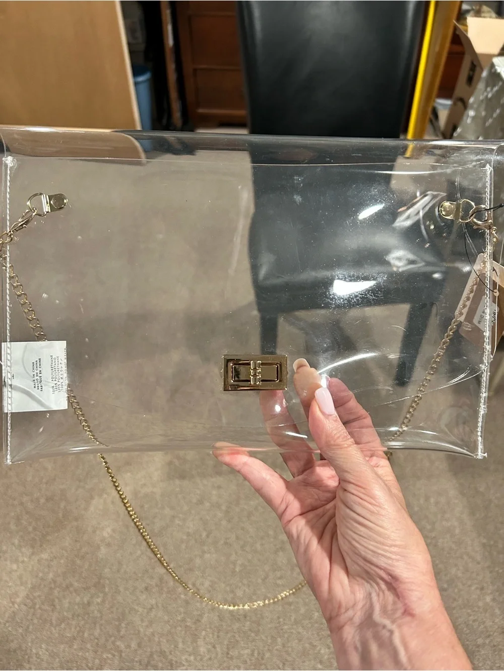 NWT. Clear Vinyl Crossbody Stadium Bag with Removable Gold Chain Strap